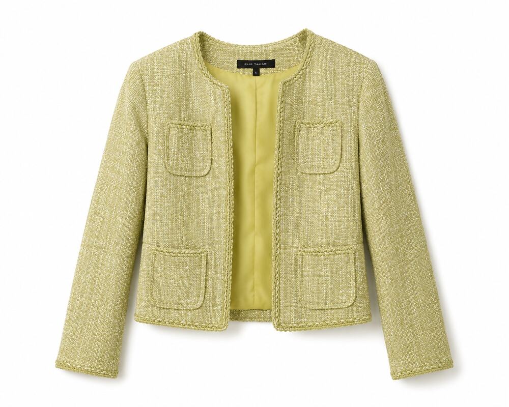 Elie Tahari Large Green Tweed Cropped Blazer Silk Lined Jacket